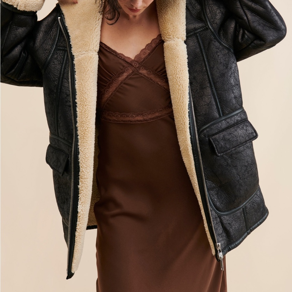 Black Vegan Leather Jacket with Cream Faux Fur Lining